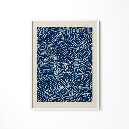 a blue and white print with wavy lines