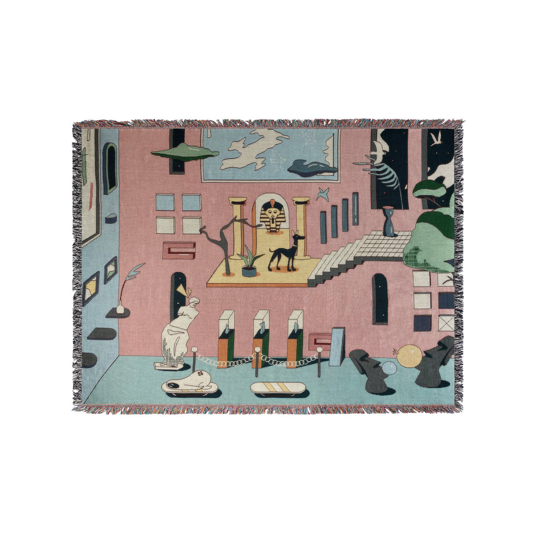 a rug with a painting of a woman and a dog on it